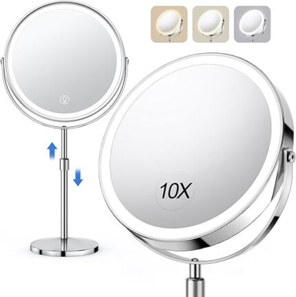 10x Large Lighted Makeup Mirror, Rechargeable 8" Height Adjustable Vanity Mirror, 1x/10x Magnifying Mirror with 3 Color, Brightness Adjustable, 360° Rotation Double Sided...