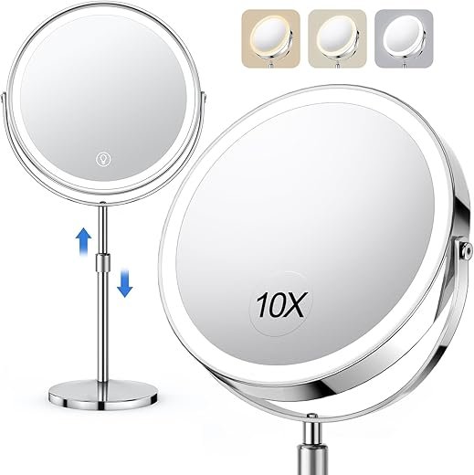 10x Large Lighted Makeup Mirror, Rechargeable 8" Height Adjustable Vanity Mirror, 1x/10x Magnifying Mirror with 3 Color, Brightness Adjustable, 360° Rotation Double Sided...