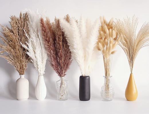 110 PCS Dried Pampas Grass Bouquet, Boho Table Decor, Bunny Tails Dried Flowers, Brown Pompas, White Pampas Grass for Wedding, Home, Rustic Party, Baby Shower Decorations