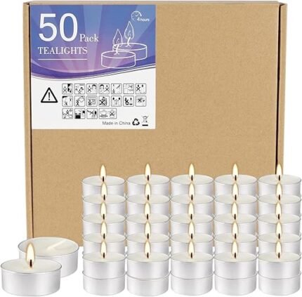 50Pcs Unscented Tealights Candle, White Paraffin Tea Lights Candles 4 Hours, Small Votive Candle for Weddings Anniversaries Emergencies