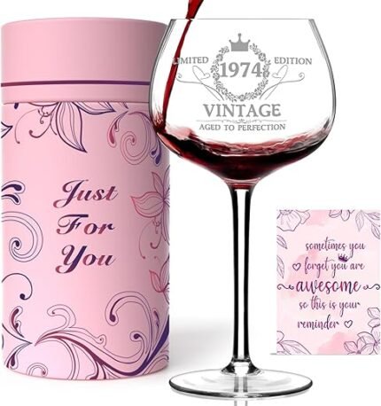 50TH Birthday Gifts for Her, Vintage 1974 Engraved 50th Wine Glass, 50 Year Old Birthday Decorations For Women, Funny 50 Bday Gifts Idea For Women, Friends, Daughter, Sister Mom...