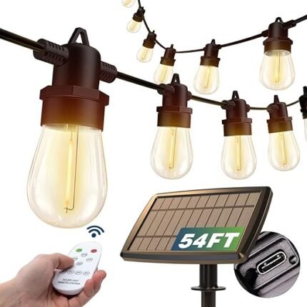 addlon 54(48+6) FT Solar String Lights Outdoor Waterproof with USB Port & Remote Control Solar Patio Lights Long Last for 20+Hrs Dimmable Solar Power LED Bulbs for Porch Garden...