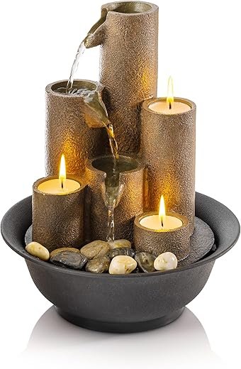 Alpine Corporation WCT202 Indoor Tabletop Tiered Water Fountain Featuring 3 Candles for Desktop and Table, 11", Brown