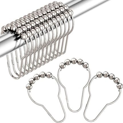 Amazer Shower Curtain Hooks, Decorative Rust Proof Stainless Steel Shower Curtain Hooks for Bathroom Shower Rods Set of 12, Polished Nickel