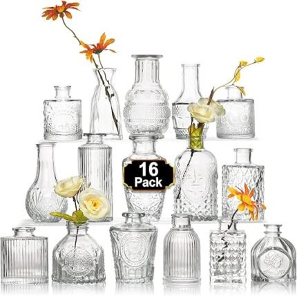 Arme 16Pcs Glass Bud Vase Set，Small Flower Vase for Centerpieces，Clear Bud Vases in Bulk， Mini Vintage Vase for Rustic Wedding Decorations