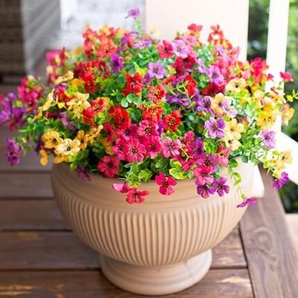 Artificial Faux Plants Flowers Outdoor Spring Summer Decoration, 12 Bundles Fake Silk Colorful Daisy Eucalyptus Realistic UV Resistant for Outside Home Planter Porch Patio Yard...