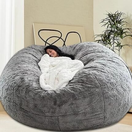 Bean Bag Chair for Adults Kids Without Filling Comfy Fluffy Giant Round Beanbag Lazy Sofa Cover for Reading Chair Floor Chair, 6FT, Grey