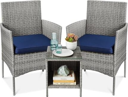 Best Choice Products 3-Piece Outdoor Wicker Conversation Bistro Set, Space Saving Patio Furniture for Garden w/Side Table - Gray/Navy