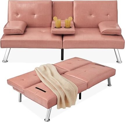 Best Choice Products Faux Leather Upholstered Modern Convertible Futon, Adjustable Folding Sofa Bed, Guest Bed w/Removable Armrests - Pink