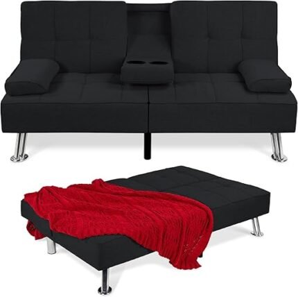 Best Choice Products Linen Modern Folding Futon, Reclining Sofa Bed for Apartment, Dorm w/Removable Armrests, 2 Cupholders - Black