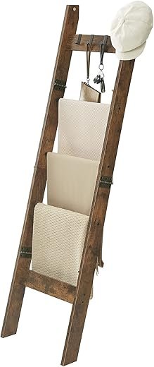 Blanket Ladder Shelf for Living Room, Decorative Wood Quilt Rack with 4 Removable Hooks, 5-Tier Farmhouse Ladder Holder Organizer for Bedroom, Rustic Brown 02101BBR