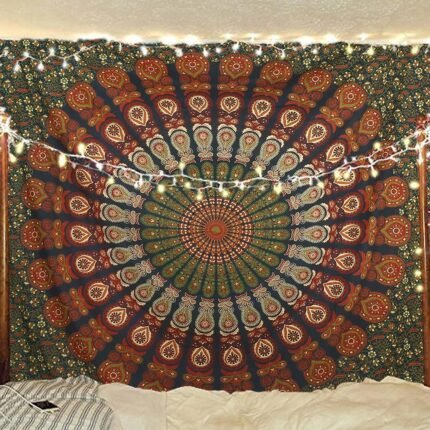 Bless International Handmade Indian hippie Bohemian Psychedelic Peacock Mandala Wall hanging College Dorm Beach Throws Table Cloth Bedding Tapestry (Golden Green,...