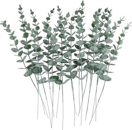 CEWOR 24pcs Eucalyptus Stems Artificial Eucalyptus Leaves Faux Greenery Branches Fake Flowers for Wedding Centerpiece Spring Easter Farmhouse Home Decoration