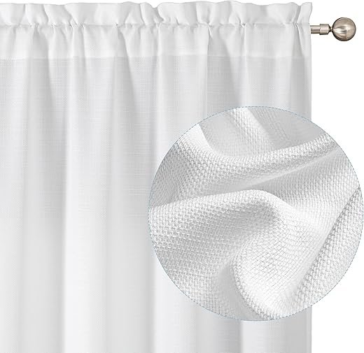 Chyhomenyc White Curtains 84 Inch Length 2 Panels Set, Faux Linen Textured Semi Sheer Light Filtering Soft Airy Privacy Farmhouse Curtain Drapes for Living Room Bedroom,...