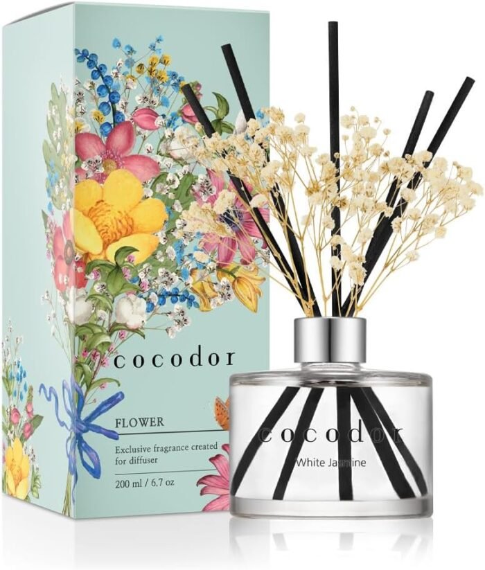 COCODOR Flower Reed Diffuser Set / 6.7oz / White Jasmine/Scent Diffuser with Sticks Home Fragrance Reed Diffuser for Bathroom Shelf Decor