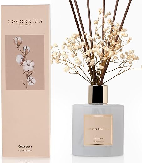 Cocorrína Reed Diffuser Set, 6.7 oz Clean Linen Scented Diffuser with Sticks Home Fragrance Reed Diffuser for Bathroom Shelf Decor