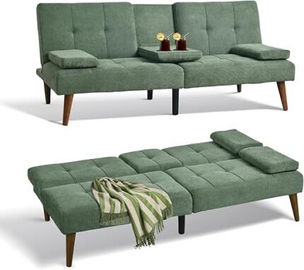 COLAMY Futon Sofa Bed-Fabric Small Futon Couch, Futon Lounge Sofa, Futon Convertible with Cup Holder, Removable Armrest, Adjustable Backrest Green