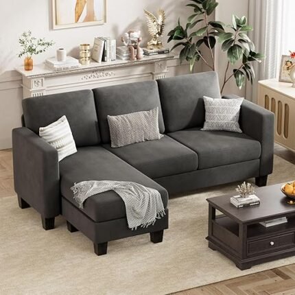 Convertible Sectional Sofa Couch, 3 Seat L-Shaped Sofa with Linen Fabric, Movable Ottoman Small Couch for Small apartments, Living Room and Office (Dark Gray)