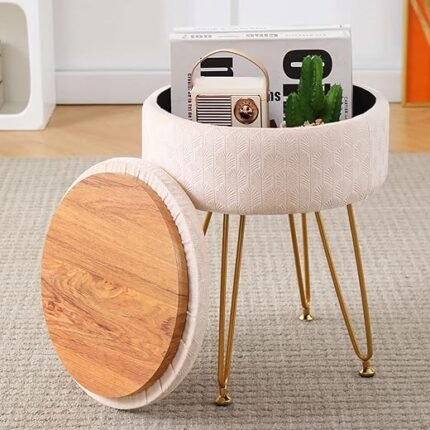 Cpintltr Footrest Footstools Round Velvet Ottoman with Storage Space Soft Vanity Chair with Memory Foam Seat Small Side Table Hallway Step Stool 4 Gold Metal Legs with...