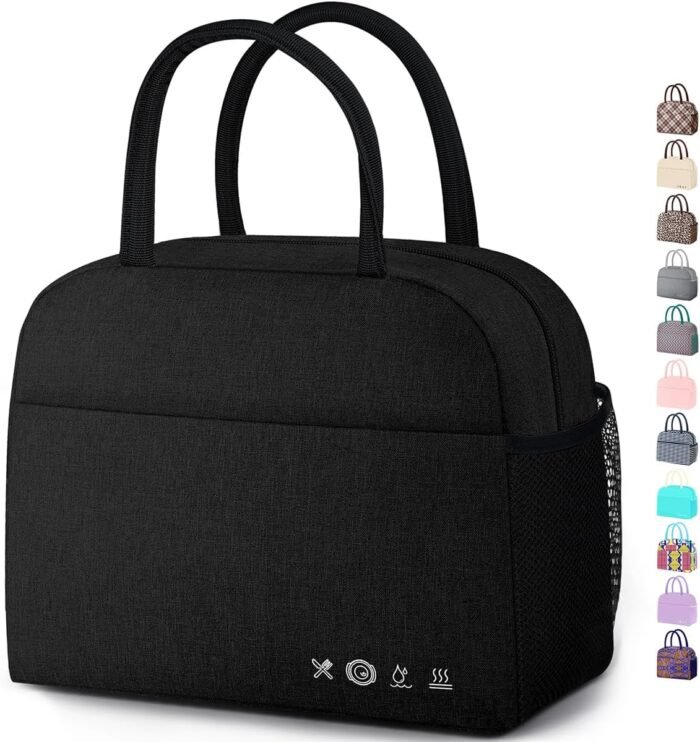 DALINDA Lunch Bag Lunch Box for Women Men Reusable Insulated Lunch Tote Bag,Leakproof Thermal Cooler Sack Food Handbags Case High Capacity forTravel Work School Picnic- Black