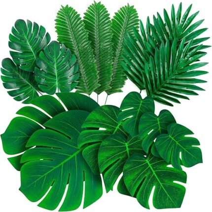 Decopom Palm Leaves Artificial Tropical Monstera-84Pcs 6 Kinds Large Small Green Fake Palm Leaf with Stems for Safari Jungle Hawaiian Luau Party Table Decoration Wedding...