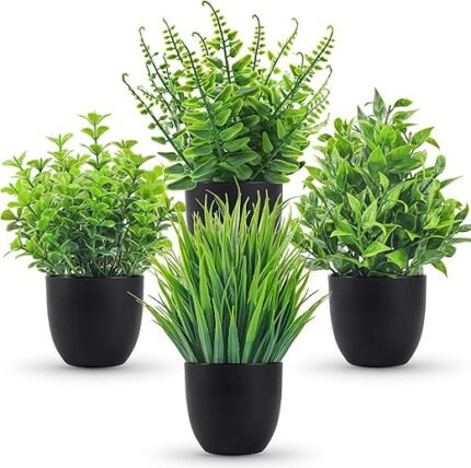 Der Rose Fake Plants 4 Packs Artificial Plants Small Faux Plants in Black Pot for Bathroom Home Office Table Decor Indoor