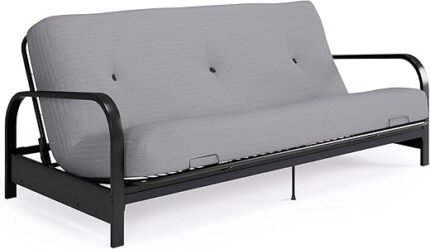 DHP Brax Black Metal Arm Full Size Futon Frame with 6” Thermobonded High Density Polyester Fill Mattress, Herringbone