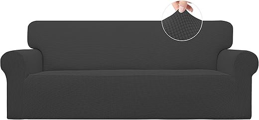 Easy-Going Stretch Sofa Slipcover 1-Piece Sofa Cover Furniture Protector Couch Soft with Elastic Bottom for Kids, Polyester Spandex Jacquard Fabric Small Checks (Sofa, Dark Gray)