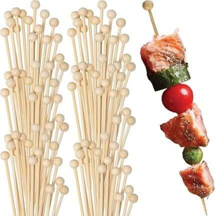 Eco-friendly Wooden Ball Food Picks (Pack of 100) - Sustainable Skewers And Bamboo Picks for Fruits, Appetizers, & Cocktails For Parties, Casual Dining & More, Natural, 4.7"