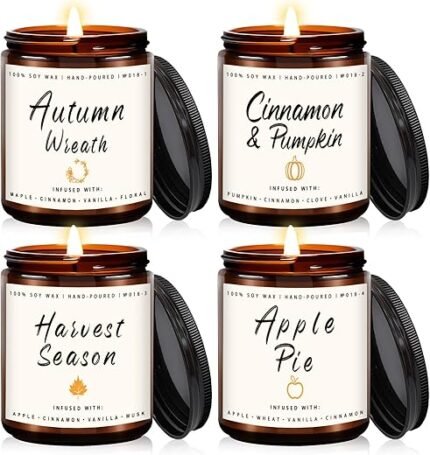 Fall Candle Set | 4pack Fall Scented Candles for Home - Soy Candles for Home Scented, Autumn Candle Set, Fall Candle Gifts - Fall Scents of Pumpkin/Apple Pie/Harvest/Autumn Wreath