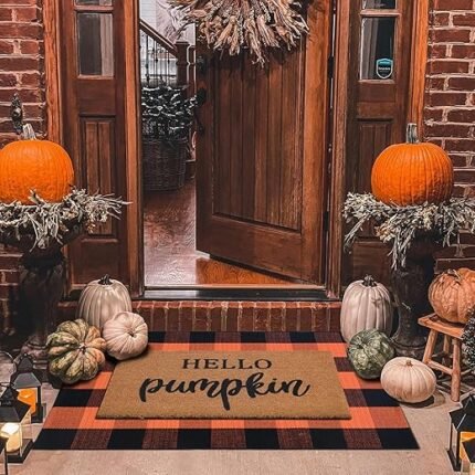 Fall Decor Door Mat Combo Set, 100% Coco Coir Welcome Mat + 28 x 43 Inches Orange and Black Plaid Mat - Fall Thanksgiving Front Porch Entryway Floor Doormat, Indoor Outdoor...