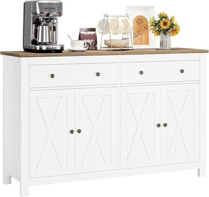 FOTOSOK Sideboard Buffet Cabinet with Storage, 55" Large Kitchen Storage Cabinet with 2 Drawers and 4 Doors, Wood Coffee Bar Cabinet Buffet Table Console Cabinet for Kitchen...