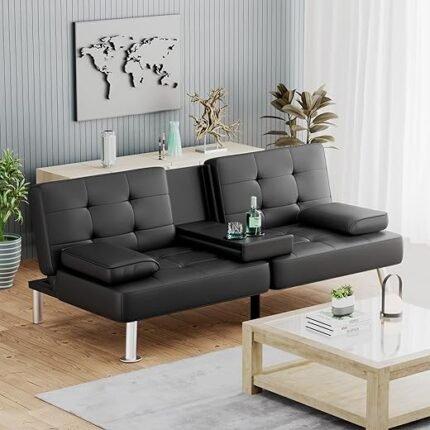 Futon Sofa Bed, Modern Faux Leather Convertible Folding Lounge Couch for Living Room with 2 Cup Holders Removable Soft Armrest and Sturdy Metal Legs, Black