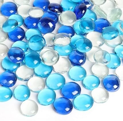 FUTUREPLUSX 1LB Flat Glass Marbles, Blue Mixed Gemstone Vase Fillers Beads Decorative Glass Pebbles Floral Fish Tank Rocks for Vases Table Scatter Aquarium Decor