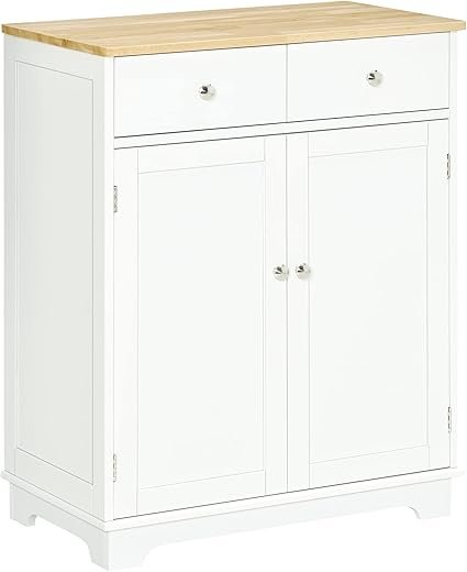 HOMCOM Sideboard with Solid Wood Countertop, Modern Kitchen Storage Cabinet, Coffee Bar Cabinet with 2 Drawers, Doors and Adjustable Shelf, White