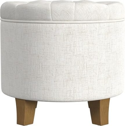 HomePop Home Decor | Upholstered Round Tufted Foot Rest Ottoman | Ottoman with Storage for Living Room & Bedroom | Decorative Home Furniture, Cream Textured Solid