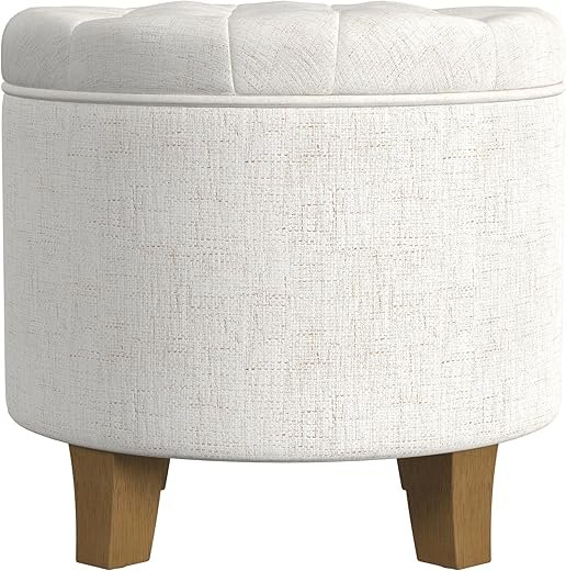 HomePop Home Decor | Upholstered Round Tufted Foot Rest Ottoman | Ottoman with Storage for Living Room & Bedroom | Decorative Home Furniture, Cream Textured Solid