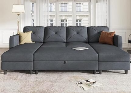 HONBAY Sectional Sleeper Sofa U Shaped Couch with Storage Ottoman for Living Room, Bluish Grey