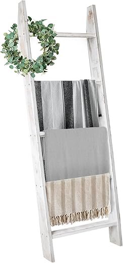 Honest Blanket Ladders for The Living Room, 5-Tier Blanket Holder, Wall-Leaning Blanket Rack, Ladder Shelves, Wooden Quilt Ladder, Farmhouse Decor, White