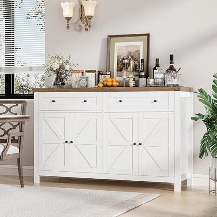 HOSTACK 55" Buffet Sideboard Cabinet with Storage, Modern Farmhouse Coffee Bar Cabinet with Drawers and Shelves, Barn Doors Storage Cabinet for Kitchen, Living Room, White