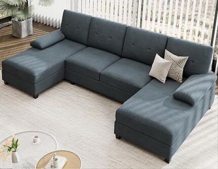 JAMFLY Sectional Sofa Couches for Living Room, 4 Seat U-Shaped Sofa Couch Living Room Furniture Sets Clearance with Double Chaises, Dark Grey