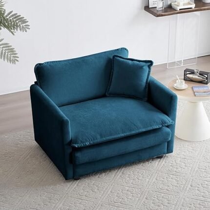 KIVENJAJA Chenille Single Sofa Chair, 41.4”W Oversized Accent Chairs, Modern Upholstered Deep Seat Comfy Armchair with Pillow for Living Room Bedroom Office Apartment, Blue