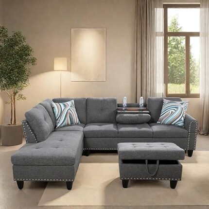 L Shaped Sectional Couch with Storage Ottoman, Modern Nailhead Comfy Lounge Sofa with Reversible Cup Holder & Chaise, 97" 4 Seat Modular Sofá for Living Room Apartment, Grey