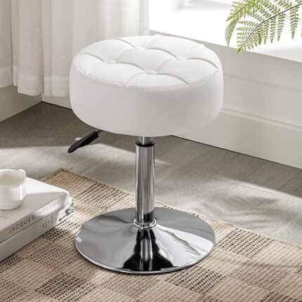 LUE BONA Adjustable Vanity Stool, 360°Swivel Vanity Chair Stool for Makeup Room, White Stool Chair for Vanity, Small Faux Leather Vanity Stool for Bathroom, Living Room