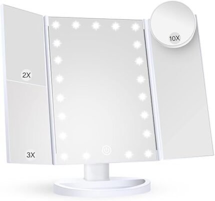 Makeup Mirror Vanity Mirror with Lights, 2X 3X 10X Magnification, Lighted Makeup Mirror, Touch Control, Trifold Makeup Mirror, Dual Power Supply, Portable LED Makeup Mirror,...