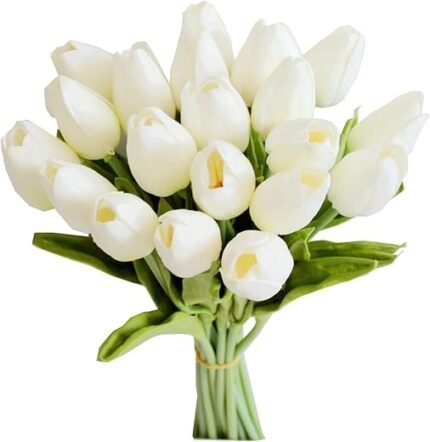 Mandy's 20pcs White Flowers Artificial Tulip Silk Fake Flowers 13.5" for Mother's Day Easter Valentine’s Day Gifts in Bulk Home Kitchen Wedding Decorations