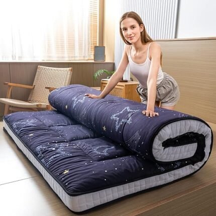 MAXYOYO Black Moon and Star Futon Mattress, Japanese Floor Mattress Quilted Bed Mattress Topper, Extra Thick Folding Sleeping Pad Breathable Floor Lounger Guest Bed for Camping...