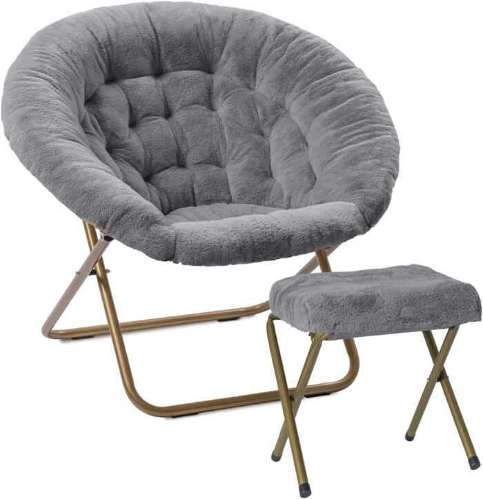 Milliard Cozy Chair with Footrest Ottoman/Faux Fur Saucer Chair for Bedroom/X-Large (Grey)