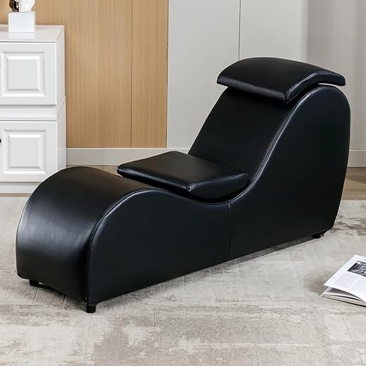 Modern Curved Chaise Lounge Chair for Yoga, Stretching, Relaxation, Faux Leather Yoga Chair w/Adjustable Cushion, Yoga Chaise Lounge Chair for Bedroom, Living Room, Lounge, Black