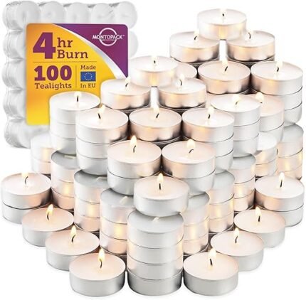 MontoPack Mini Tealight Candles in Bulk | 100 White, Small Votive Smokeless, Dripless & Long Lasting Paraffin Candles | for Home, Pool, Shabbat, Weddings & Emergencies, Unscented